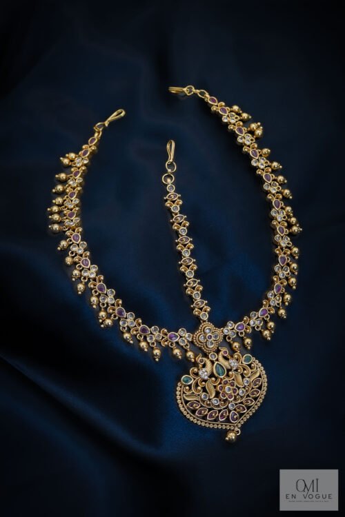 Lakshmi Motif Flower Design Kemp Stone Bridal Head Set-BMT007