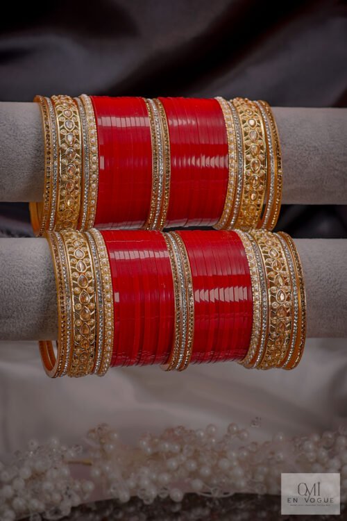 Chithrangana Regal Red and Sparkling Kundan Bangle Set -BAN247