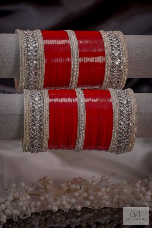 Chithrangana Red & Silver Sparkle Floral Bangle Set -BAN255