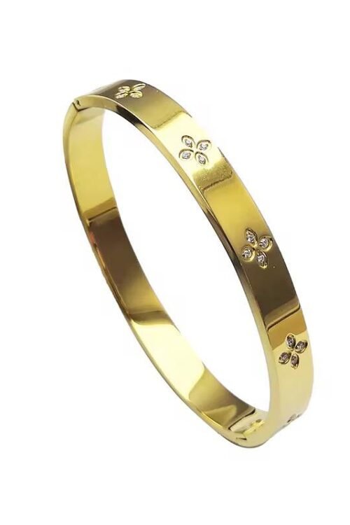 18k gold plated Four leaf clover  Stainless Steel Zircon Studded Bangle- BAN308