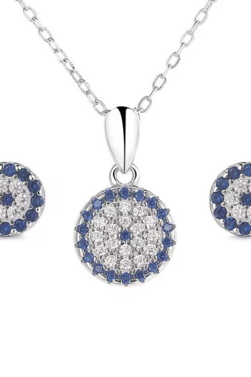 S925 Silver Evil Eye Rhodium Plated with Sapphire Zircon Necklace Set-NEC645